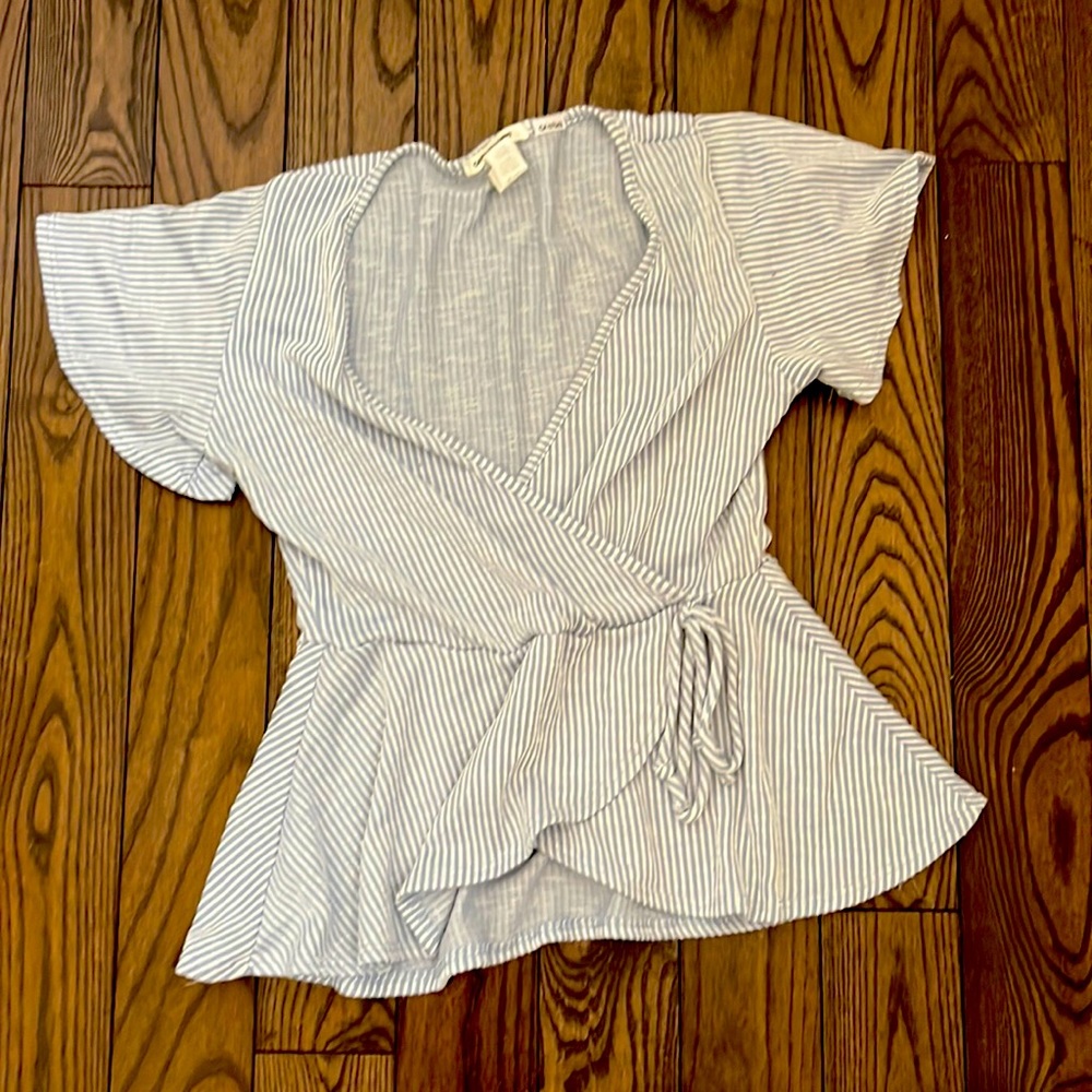 Blue striped frilly summer blouse! From Caution to the wind!